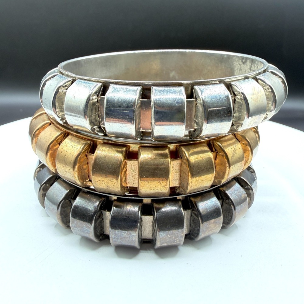 Chunky Bangle Bracelet Set of 3 Gold & Silver Tone Gunmetal Statement Stackable